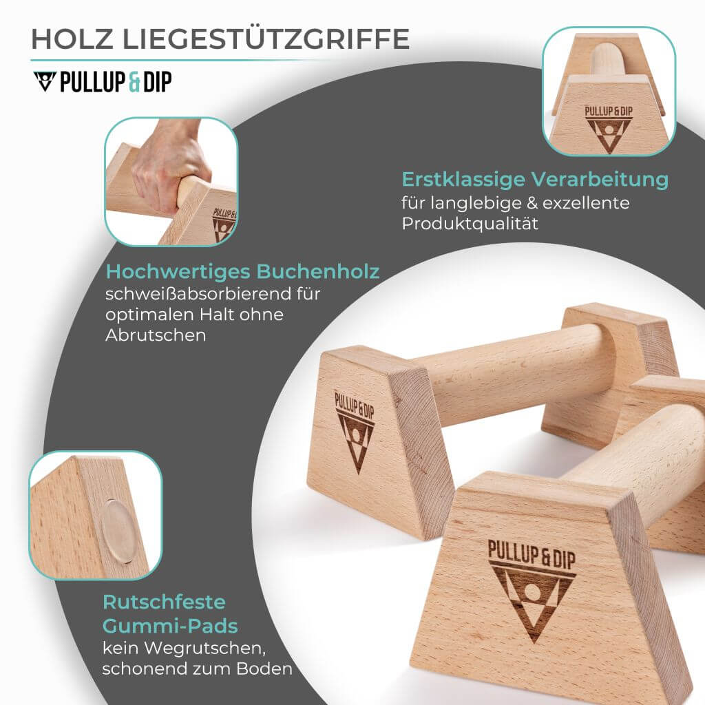 Holz Liegestützgriffe mit ergonomischem Griff inkl. Wrist Wraps - Image 3